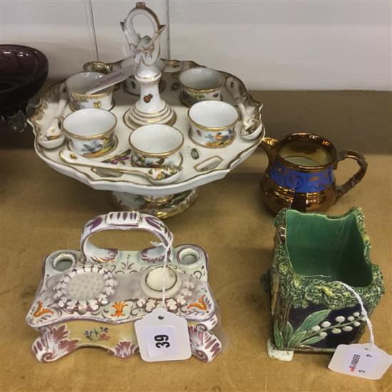 Wolfsohn Dresden egg stand, Gerbing & Stephan majolica vase, lustre pottery inkstand, etc. (4)